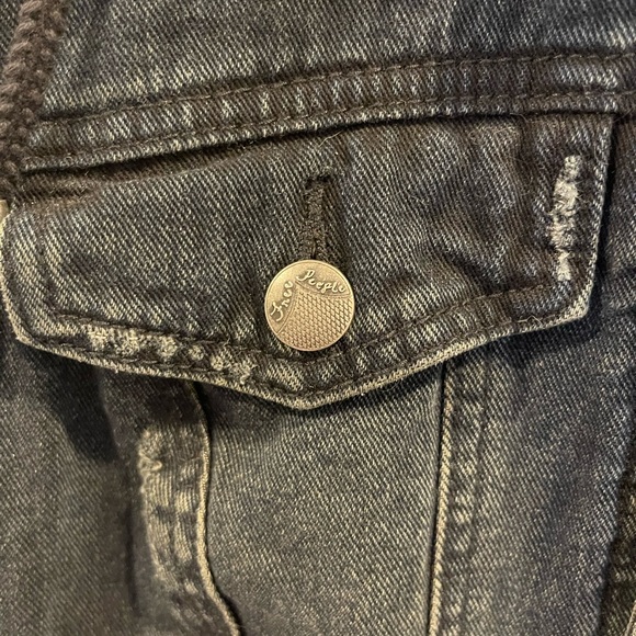 Free People distressed black denim sweater hooded jacket. Button up. Size small - Picture 5 of 10